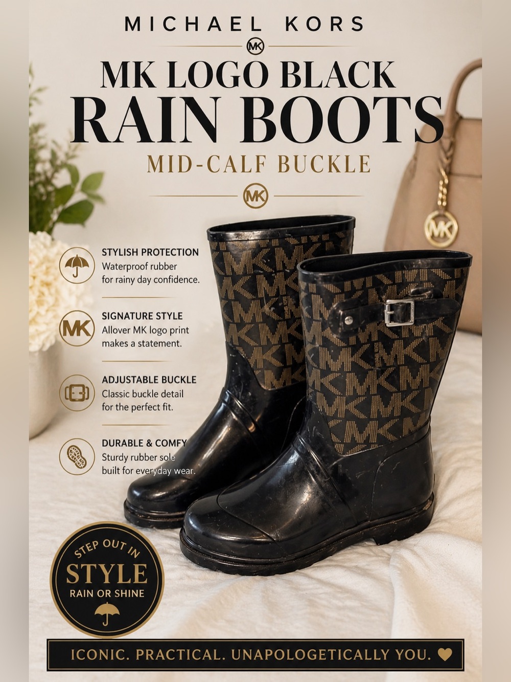 Michael Kors MK Logo Black Rubber Rain Boots Mid-Calf Buckle